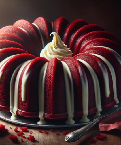 use dalle, generate Red Velvet Bundt Cake with Cream Cheese Swirl