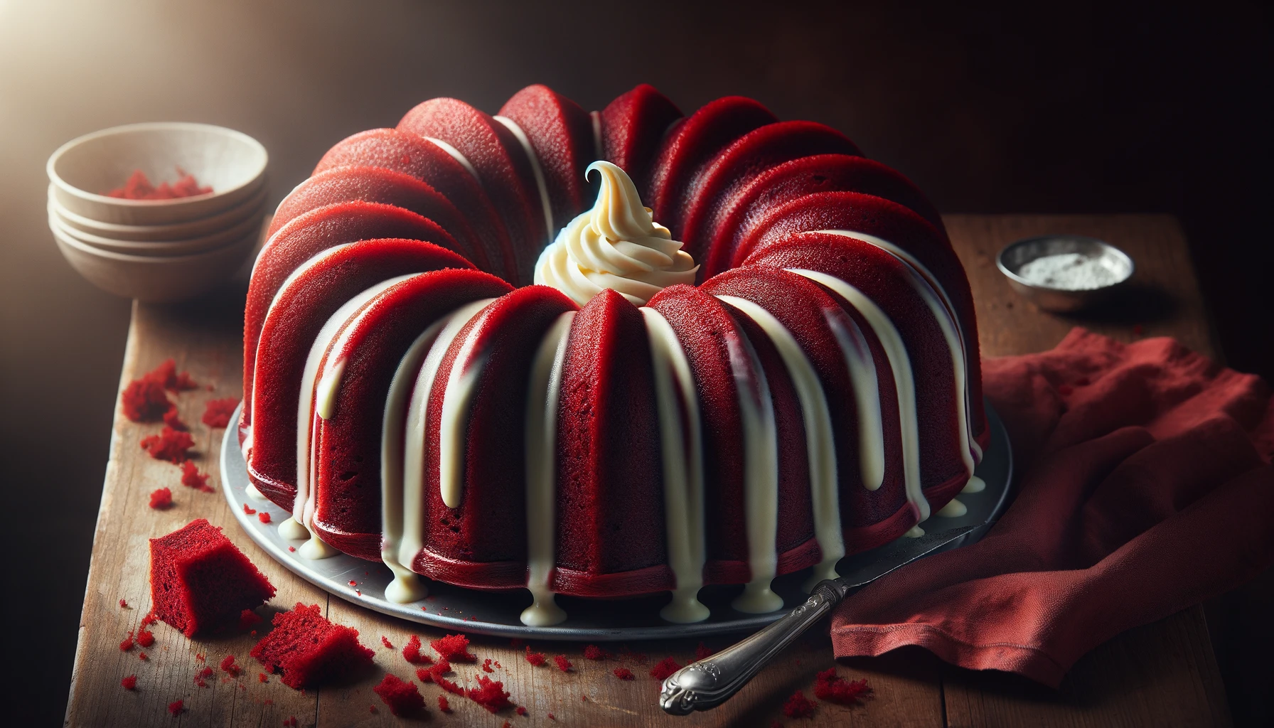 use dalle, generate Red Velvet Bundt Cake with Cream Cheese Swirl