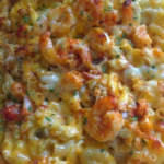 Ingredients 2 cups of dry Macaroni 6 oz. Claw Crab Meat 8 oz. Shrimp, peeled and deveined 8 oz. Sour Cream 4 Tablespoons Butter 2 Tablespoons Flour 1 Spring Onion 1 can Evaporated Milk 8 oz. block Sharp White Cheddar Cheese 4 oz. block Mozzarella Cheese ¼ cup Panko Bread Crumbs Salt, Black Pepper, to taste
