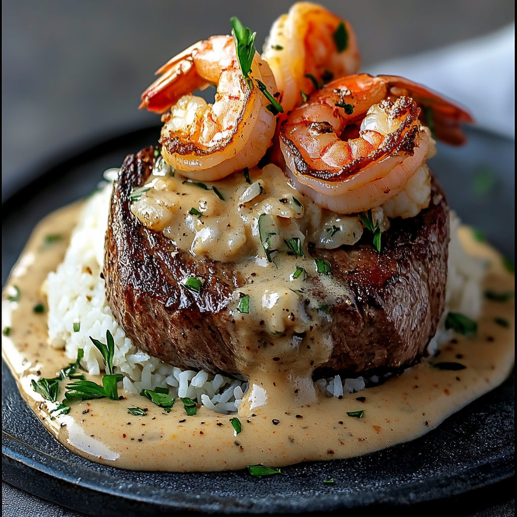 Filet Mignon with Shrimp and Rice